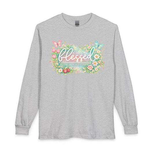 Blessed Floral Long Sleeve Tee — Spring Butterfly Garden Shirt