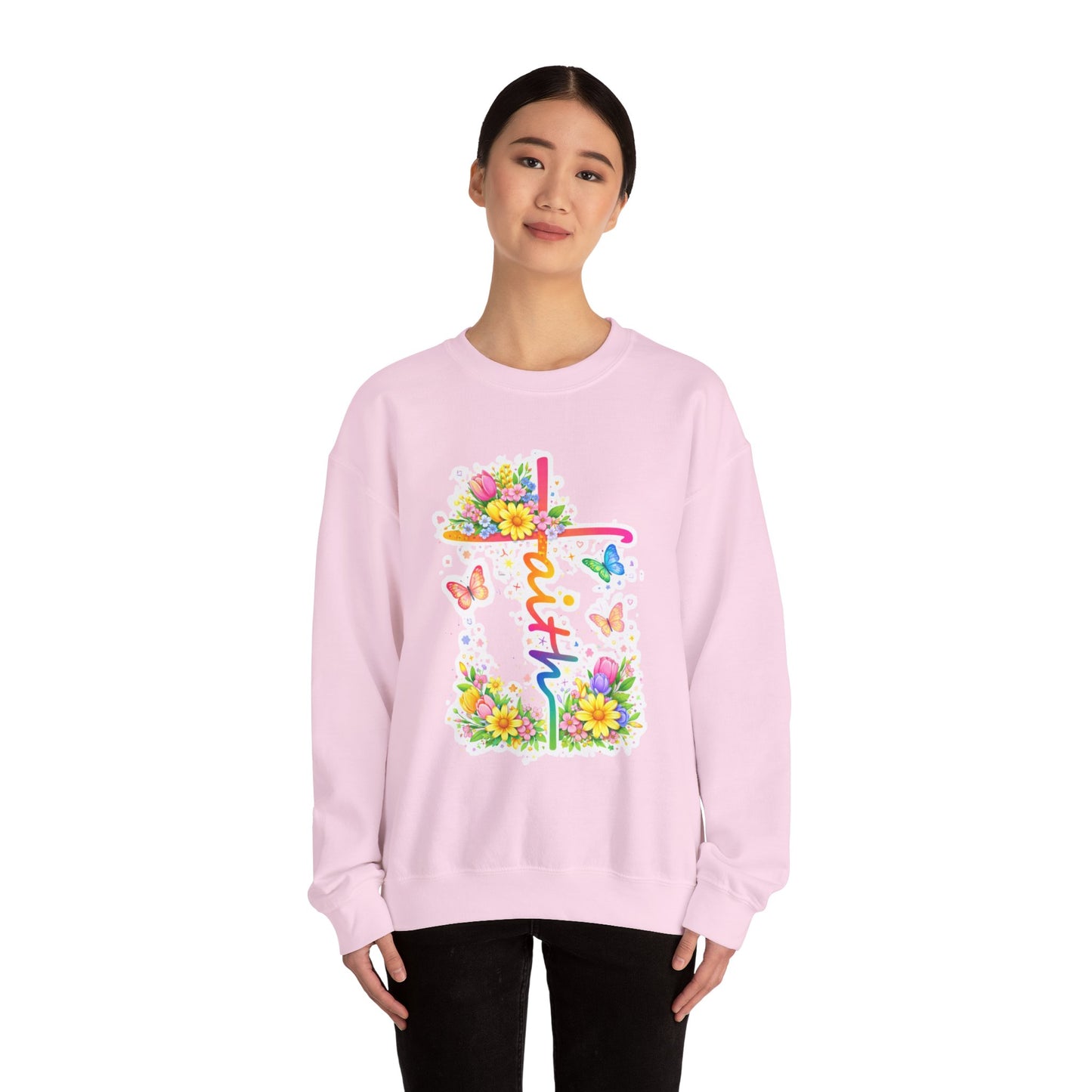 Faith Floral Crewneck Sweatshirt — Pastel Cross, Butterflies & Spring Flowers