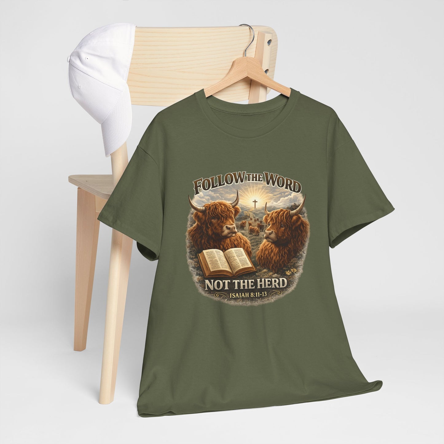 Christian Highland Cow T-Shirt — "Follow the Word Not the Herd" Bible Verse Tee