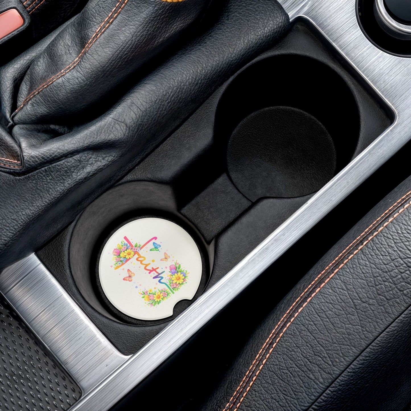 Faith Floral Car Coaster — Colorful Cross & Butterflies Soapstone Car Coaster