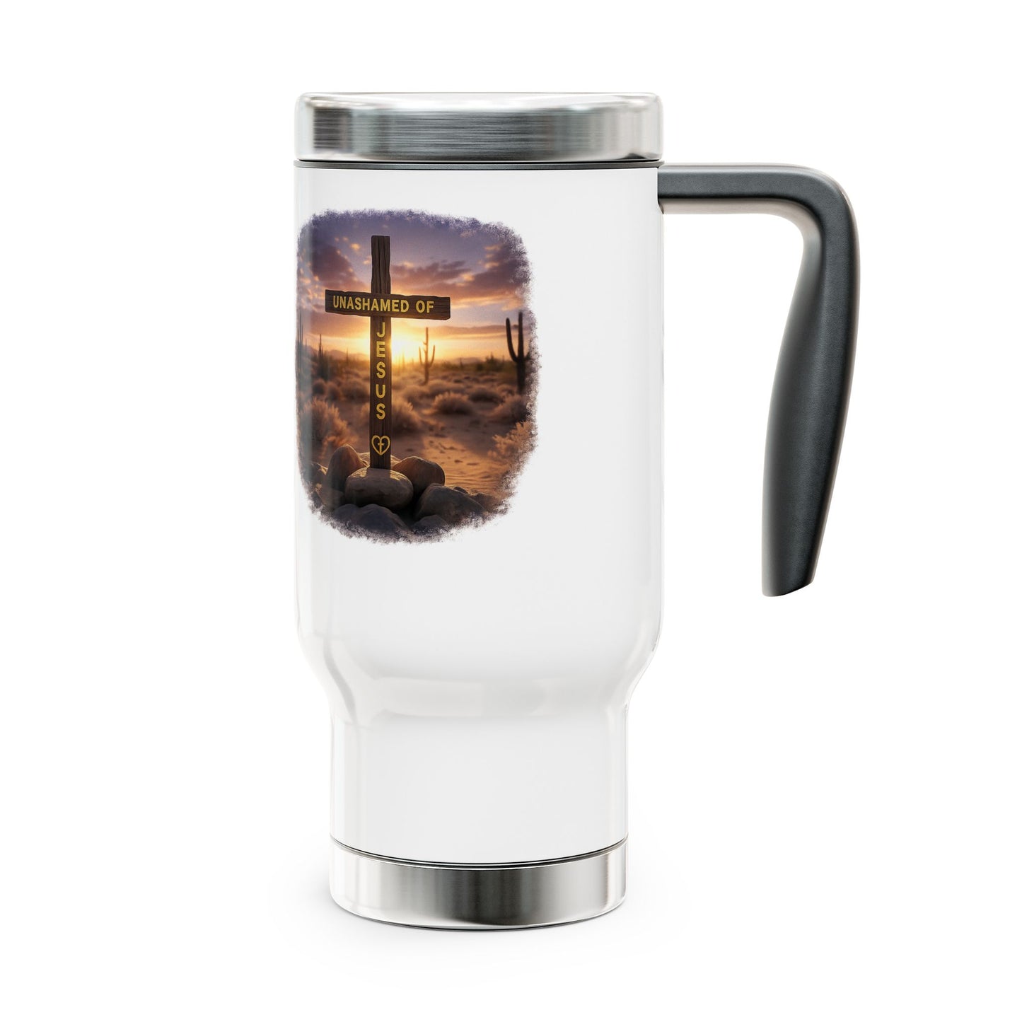 Christian Cross Travel Mug – 'Unashamed' Desert Sunrise 14oz Stainless Steel