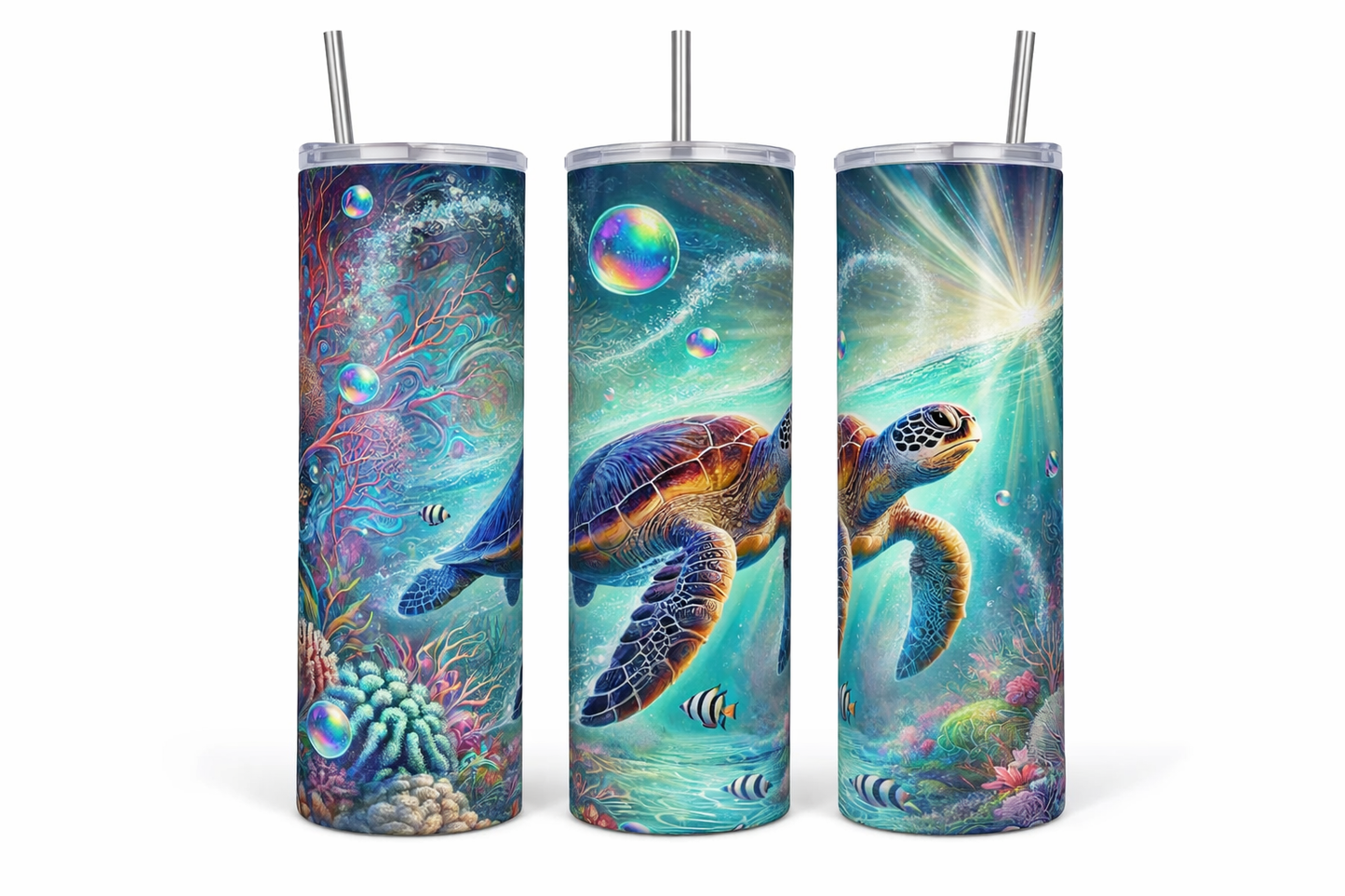 Stunning Sea Turtle 20oz Stainless Steel Tumbler with metal straw and straw brush