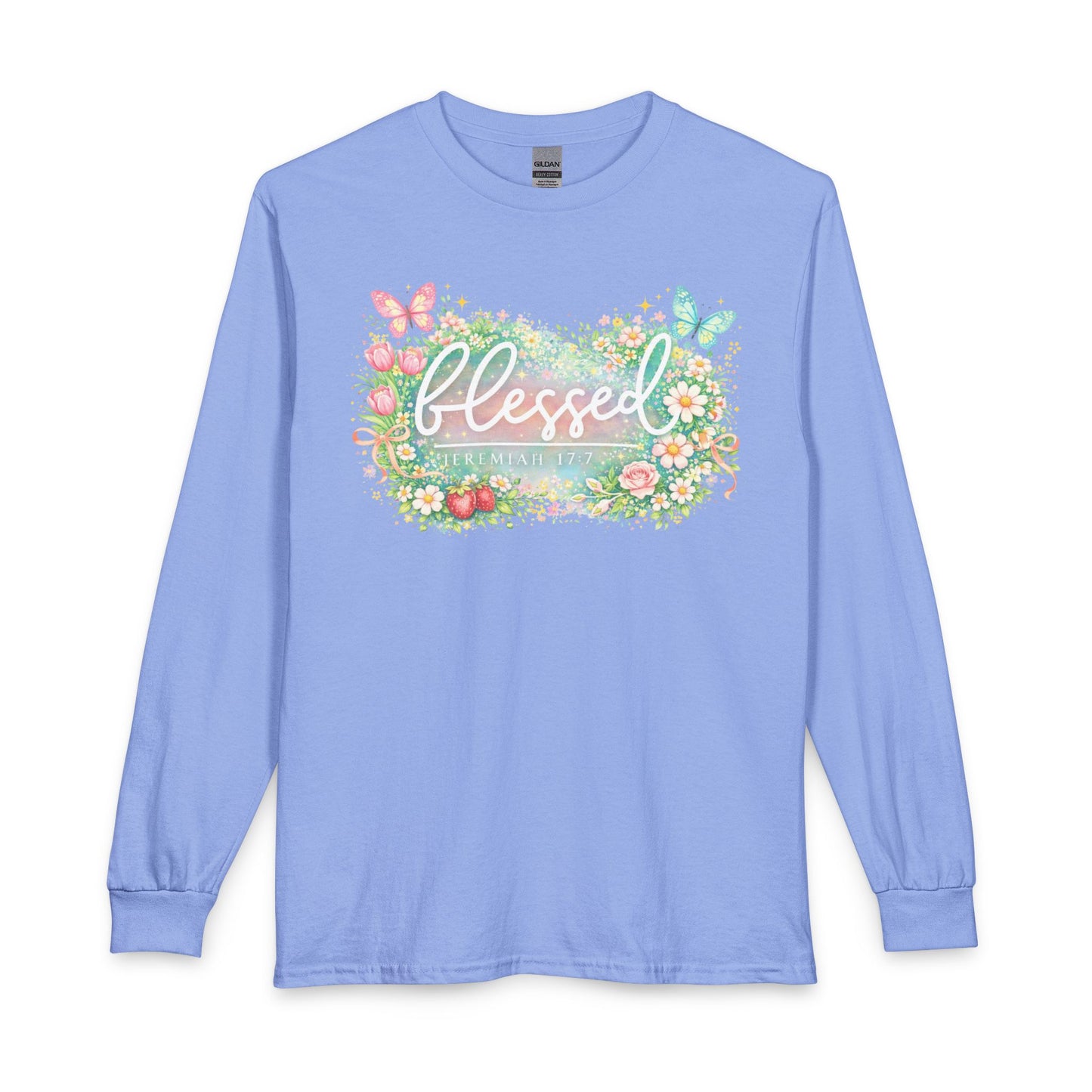 Blessed Floral Long Sleeve Tee — Spring Butterfly Garden Shirt