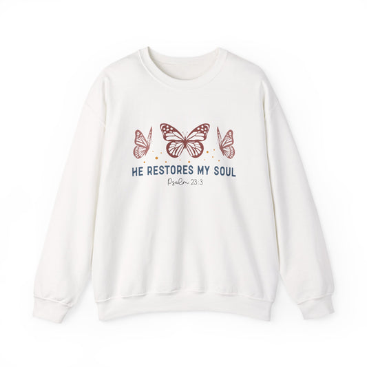 He Restores My Soul Crewneck Sweatshirt — Psalm 23:3 Butterfly Christian Sweatshirt
