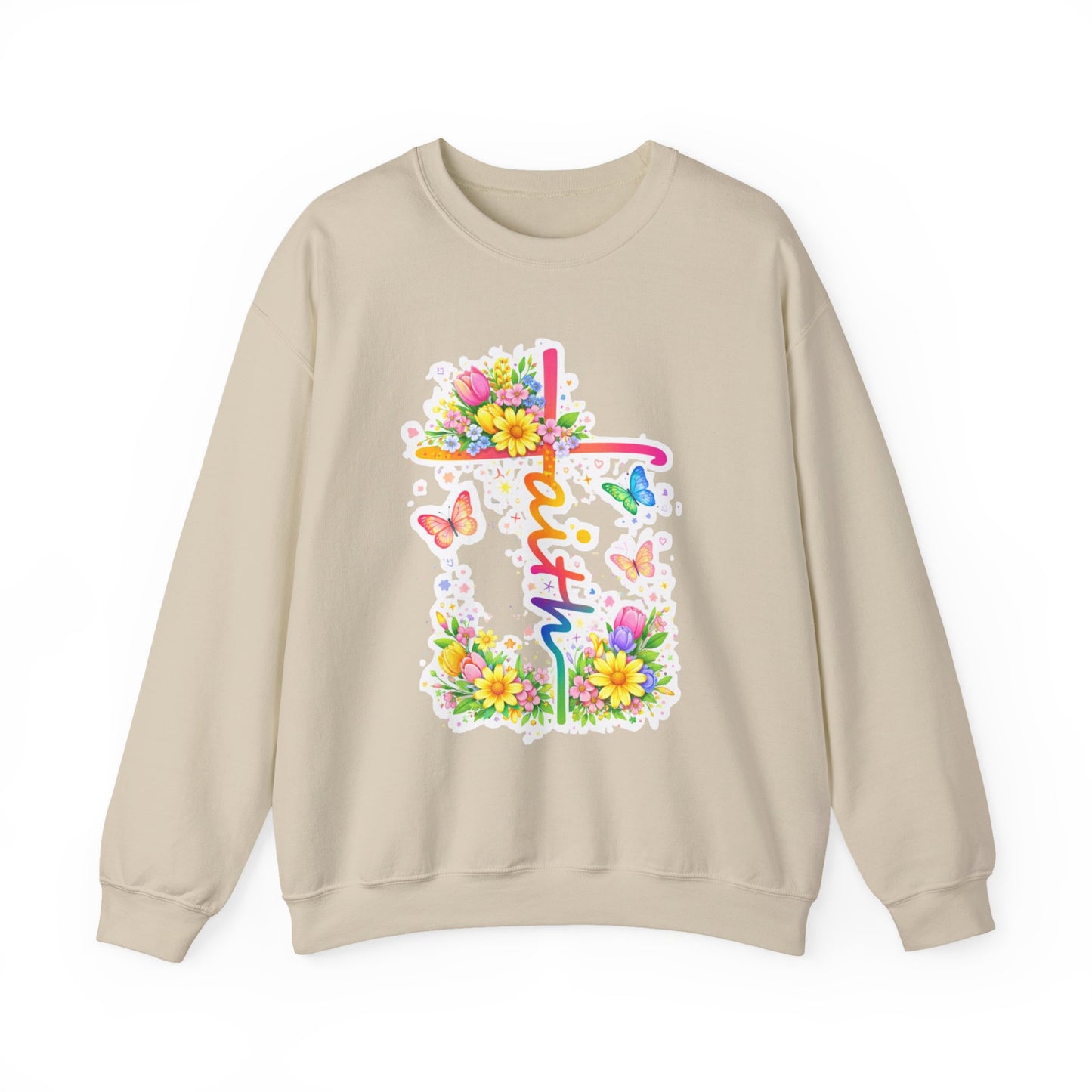 Faith Floral Crewneck Sweatshirt — Pastel Cross, Butterflies & Spring Flowers