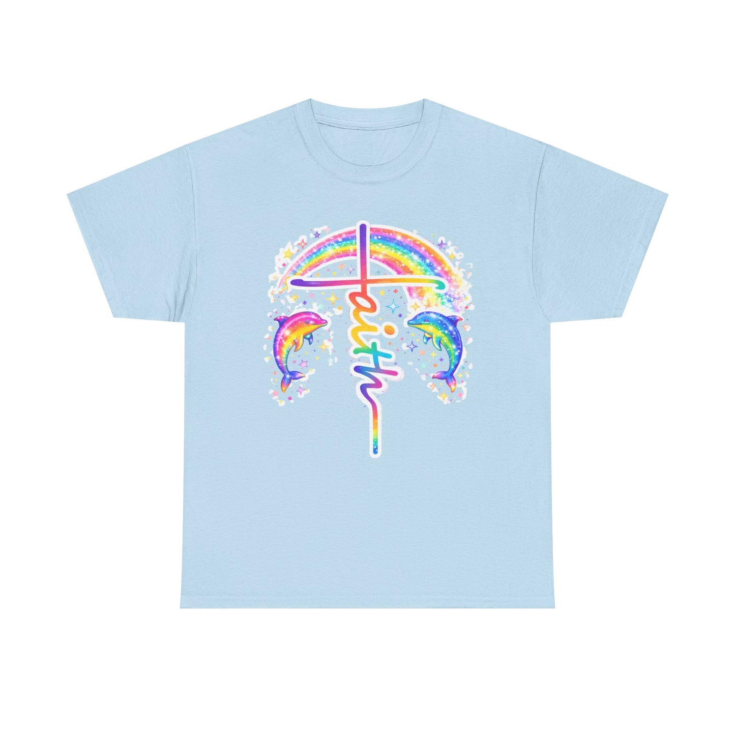 Faith Cross T-Shirt — Rainbow Cross & Dolphins Christian Tee