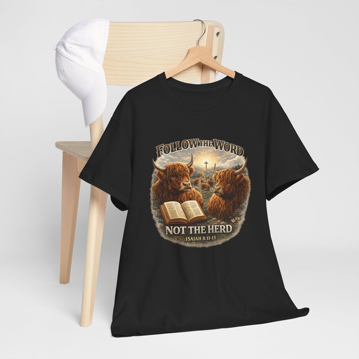Christian Highland Cow T-Shirt — "Follow the Word Not the Herd" Bible Verse Tee