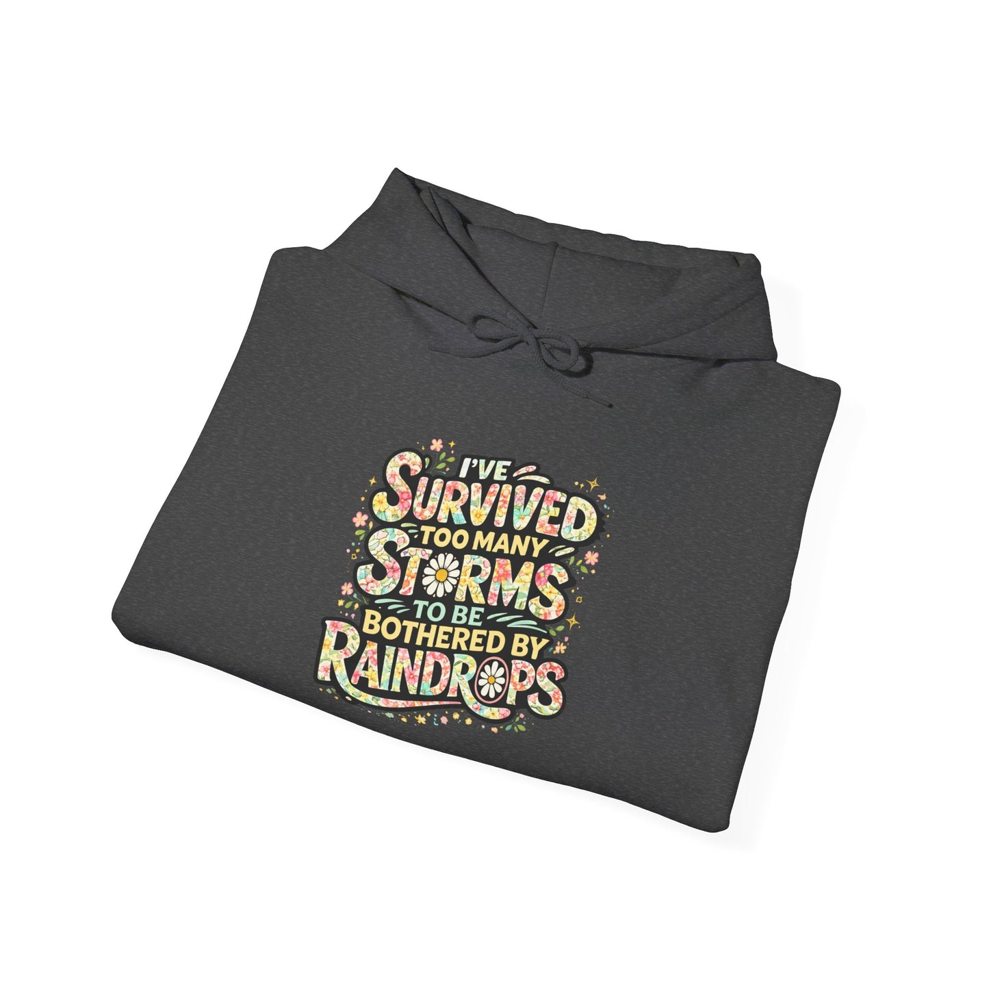 Hoodie — "I Survived Too Many Storms to Be Bothered by Raindrops" Retro Graphic