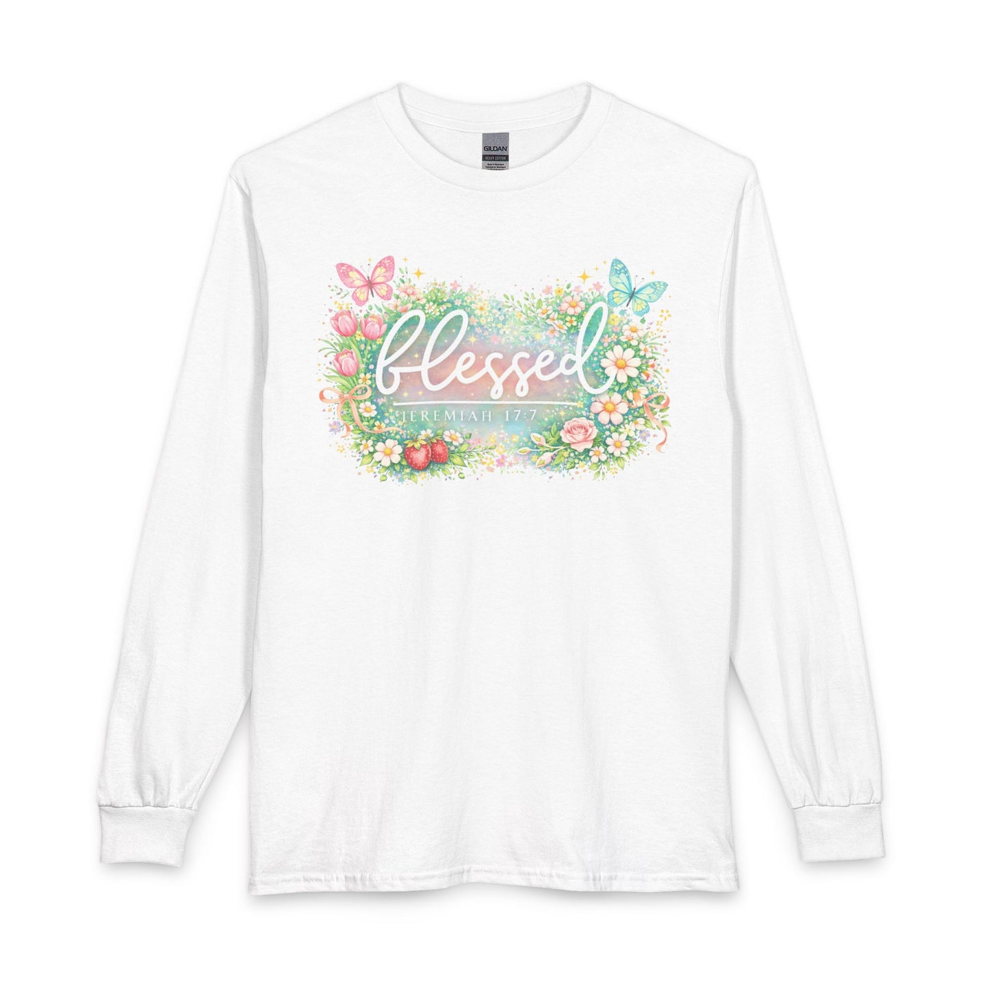 Blessed Floral Long Sleeve Tee — Spring Butterfly Garden Shirt