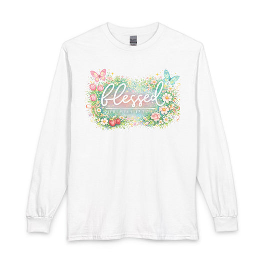 Blessed Floral Long Sleeve Tee — Spring Butterfly Garden Shirt