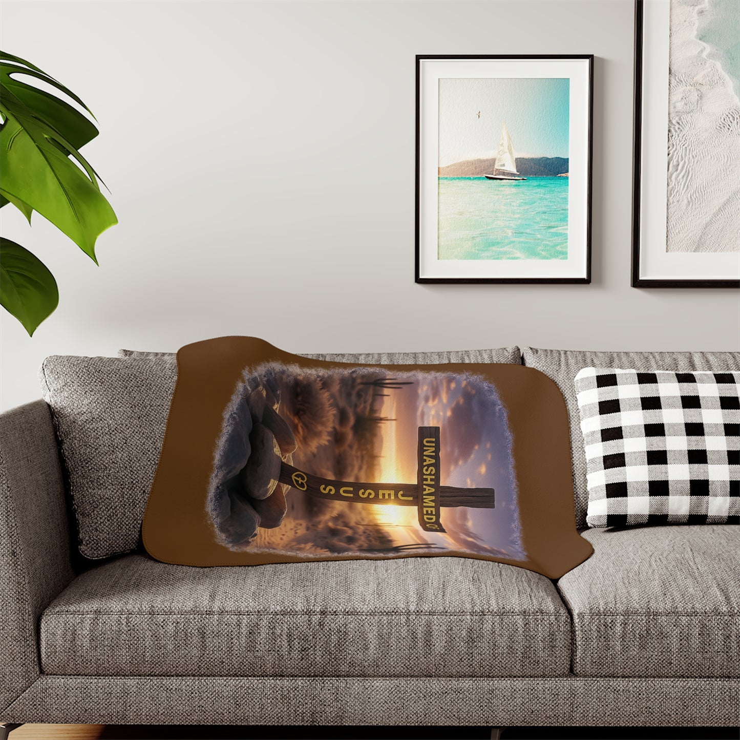 Christian Sherpa Blanket – 'Unashamed of Jesus' Cross Sunset Cozy Throw