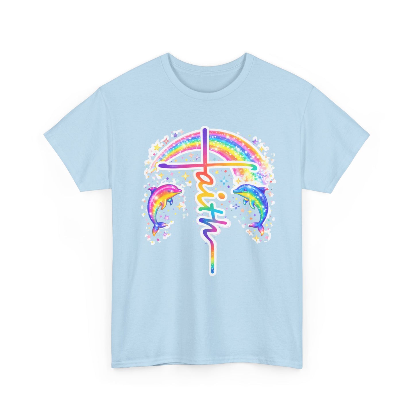 Faith Cross T-Shirt — Rainbow Cross & Dolphins Christian Tee