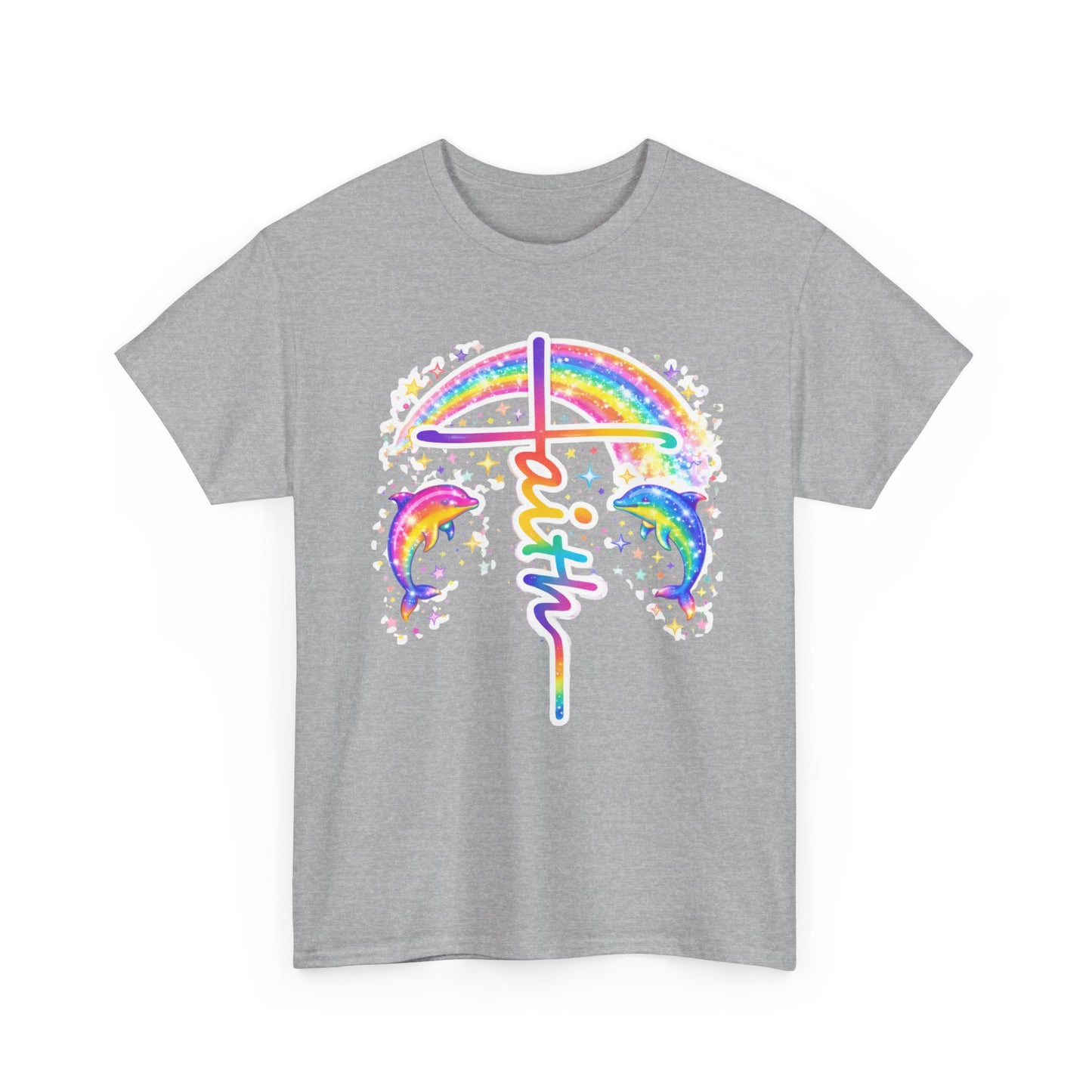 Faith Cross T-Shirt — Rainbow Cross & Dolphins Christian Tee