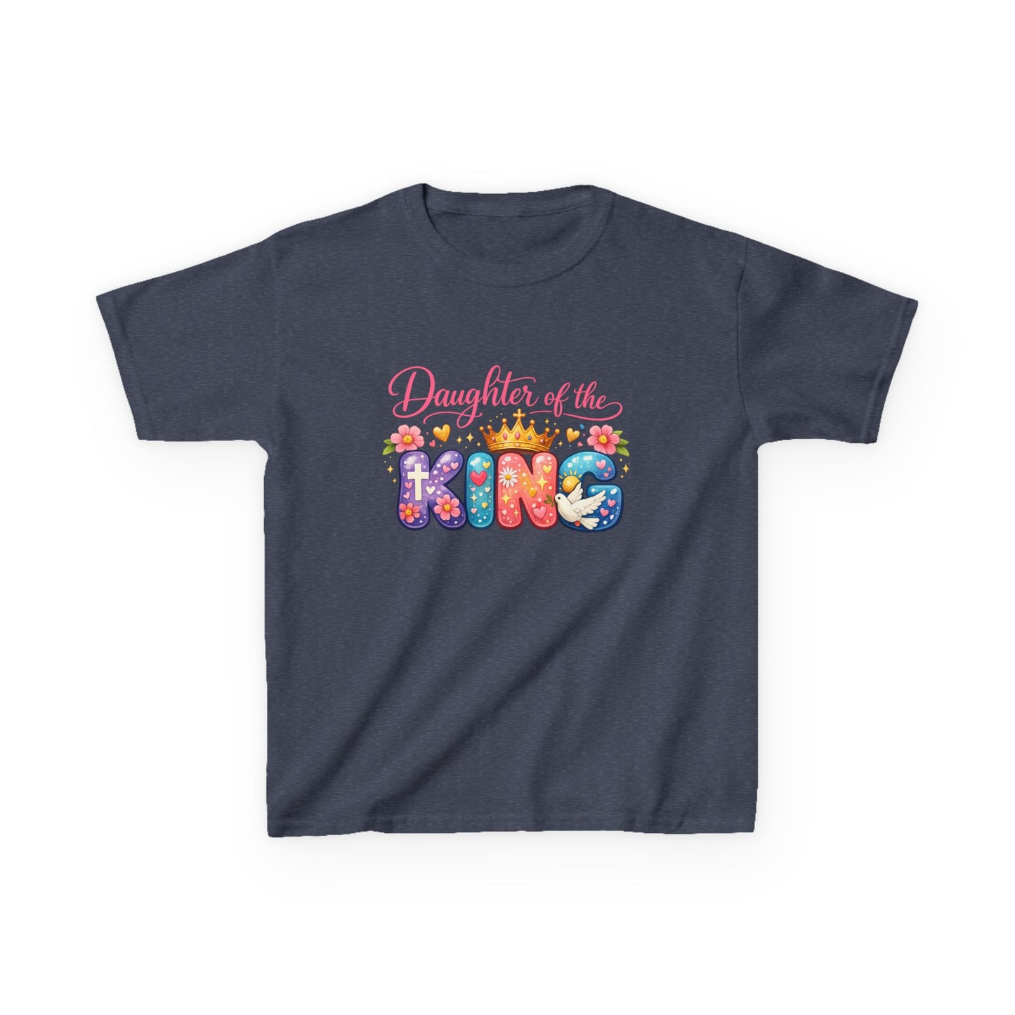 Daughter of the King Kids Tee — Colorful Crowned Faith Shirt for Girls