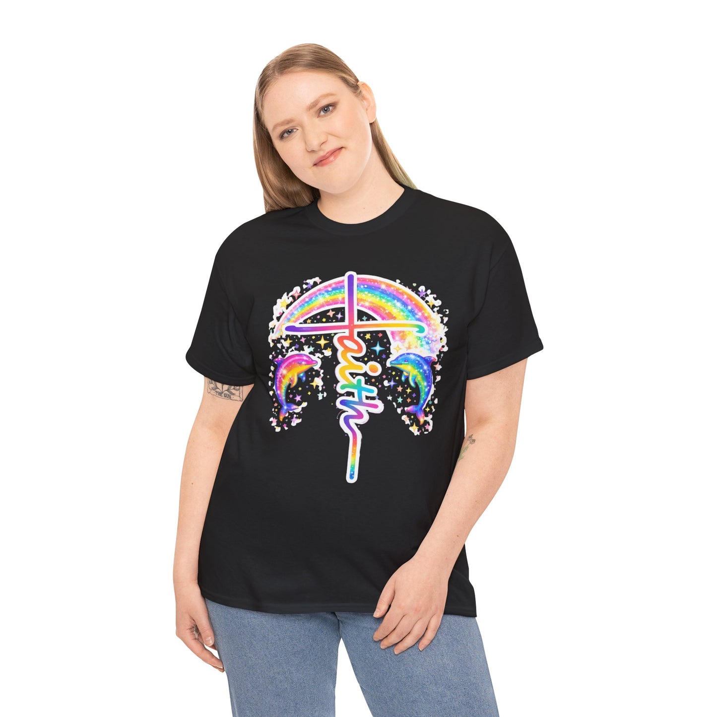 Faith Cross T-Shirt — Rainbow Cross & Dolphins Christian Tee