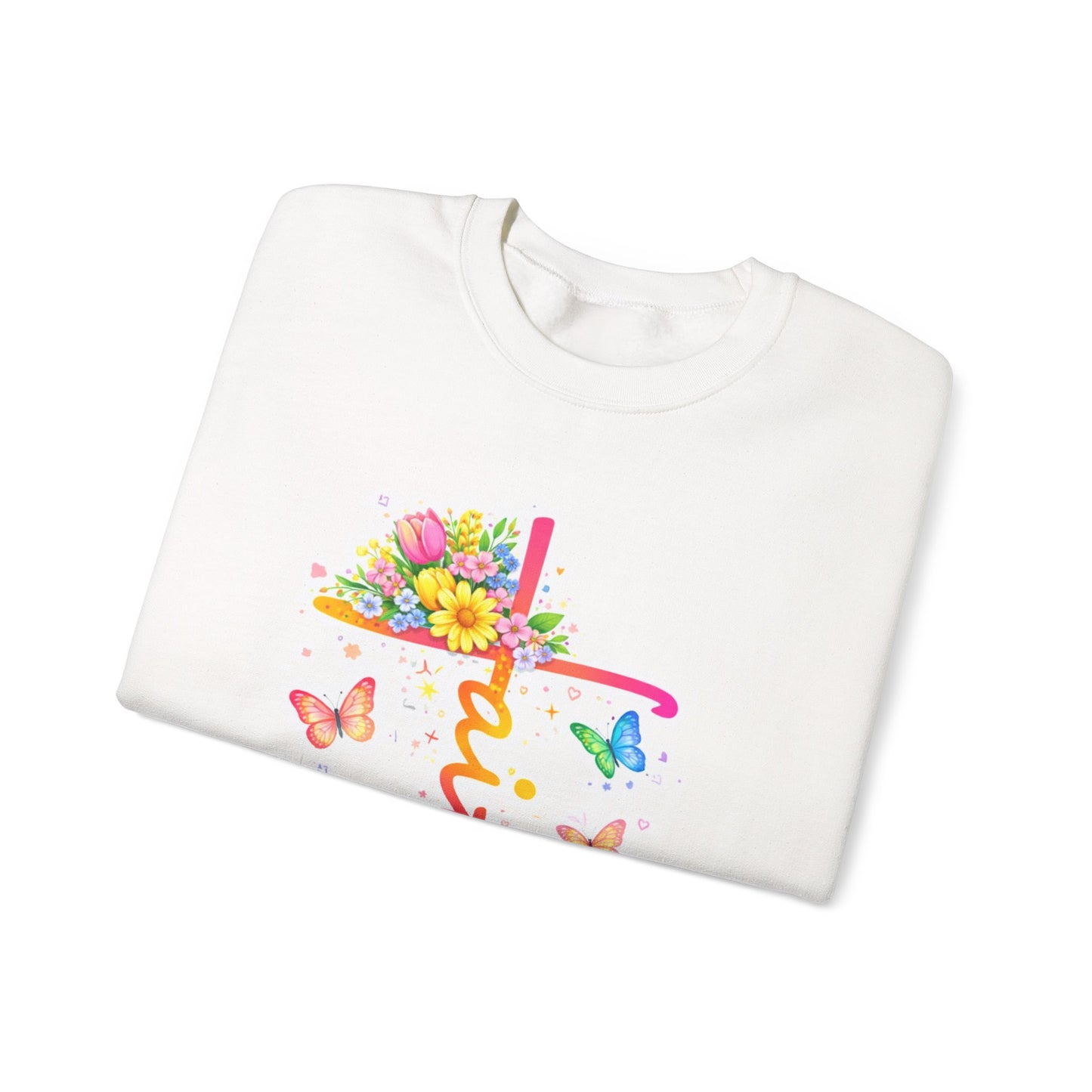 Faith Floral Crewneck Sweatshirt — Pastel Cross, Butterflies & Spring Flowers