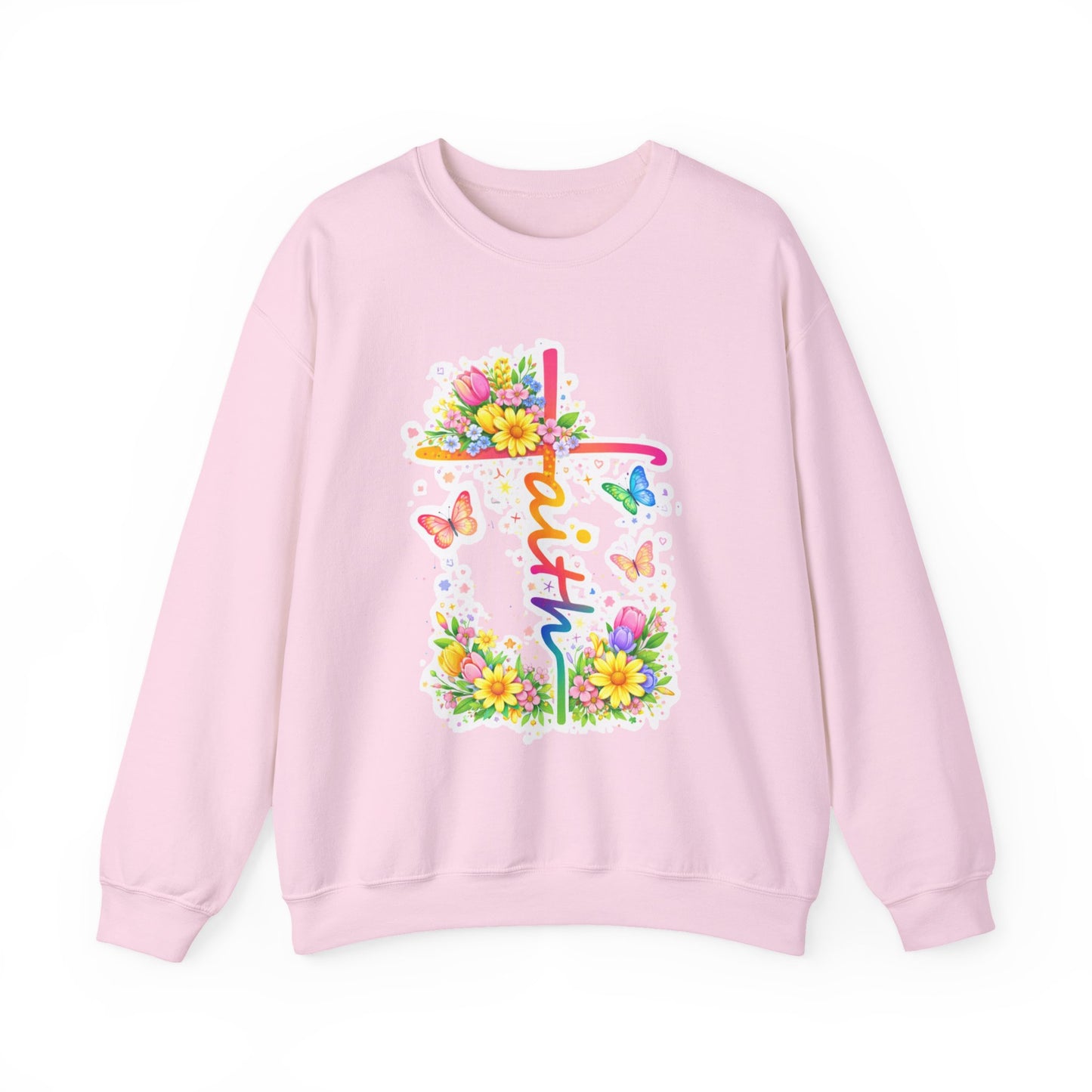 Faith Floral Crewneck Sweatshirt — Pastel Cross, Butterflies & Spring Flowers