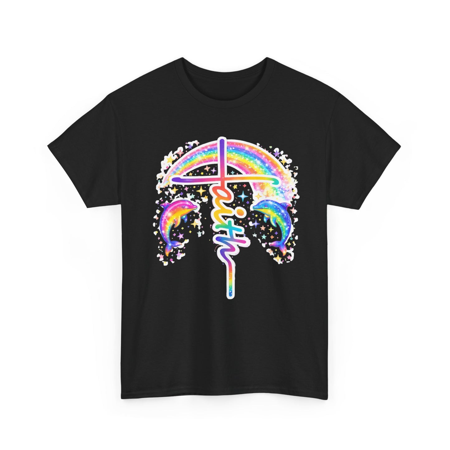 Faith Cross T-Shirt — Rainbow Cross & Dolphins Christian Tee