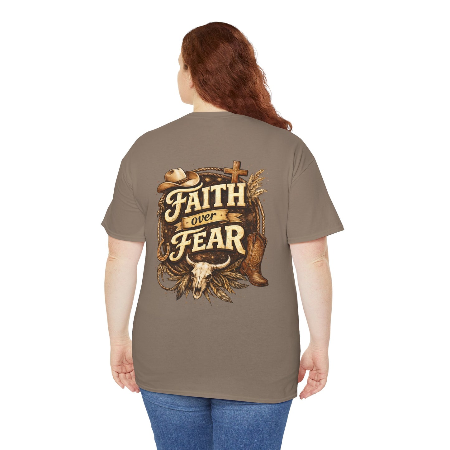 Faith Over Fear Tee — Western Cowboy Christian Shirt with Cross & Skull Design