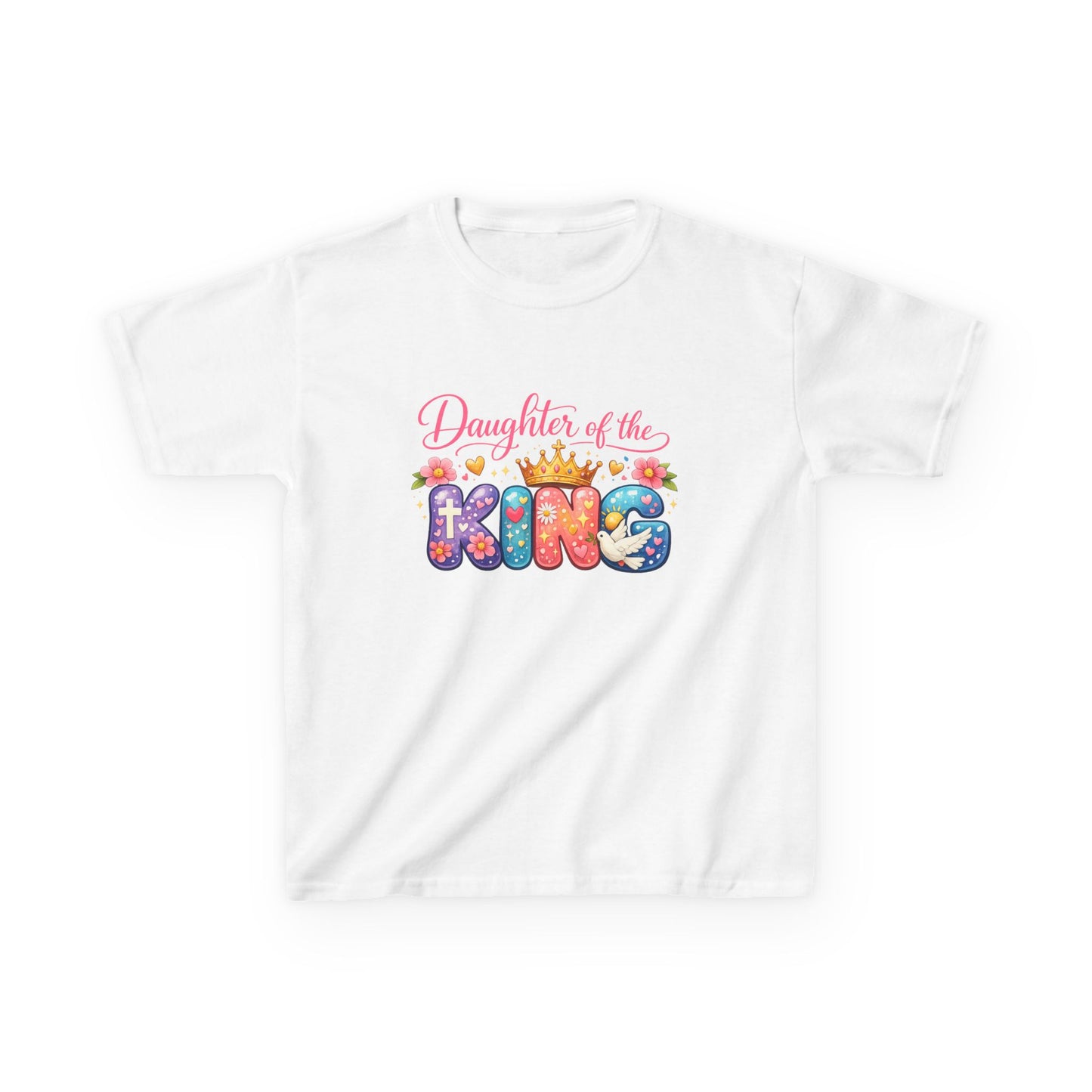 Daughter of the King Kids Tee — Colorful Crowned Faith Shirt for Girls