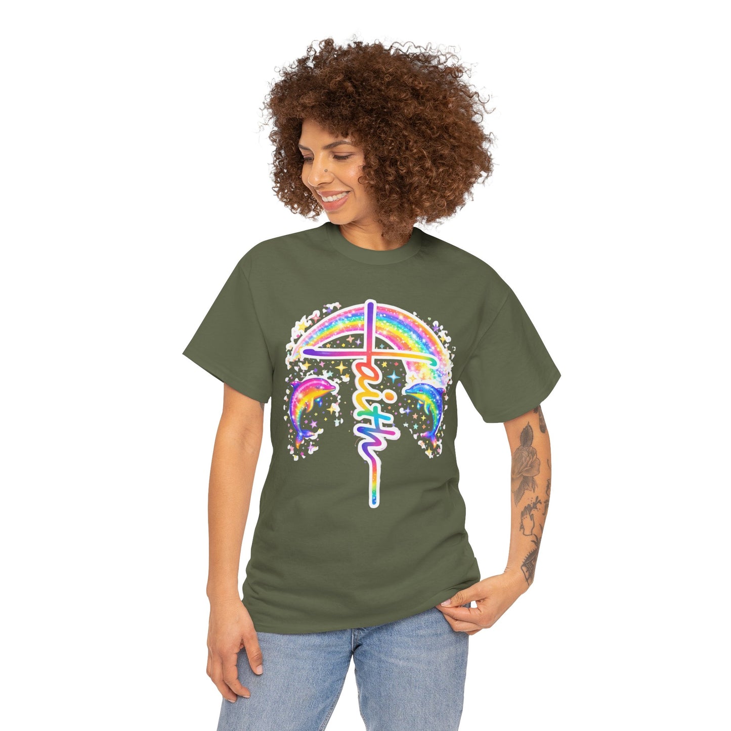 Faith Cross T-Shirt — Rainbow Cross & Dolphins Christian Tee