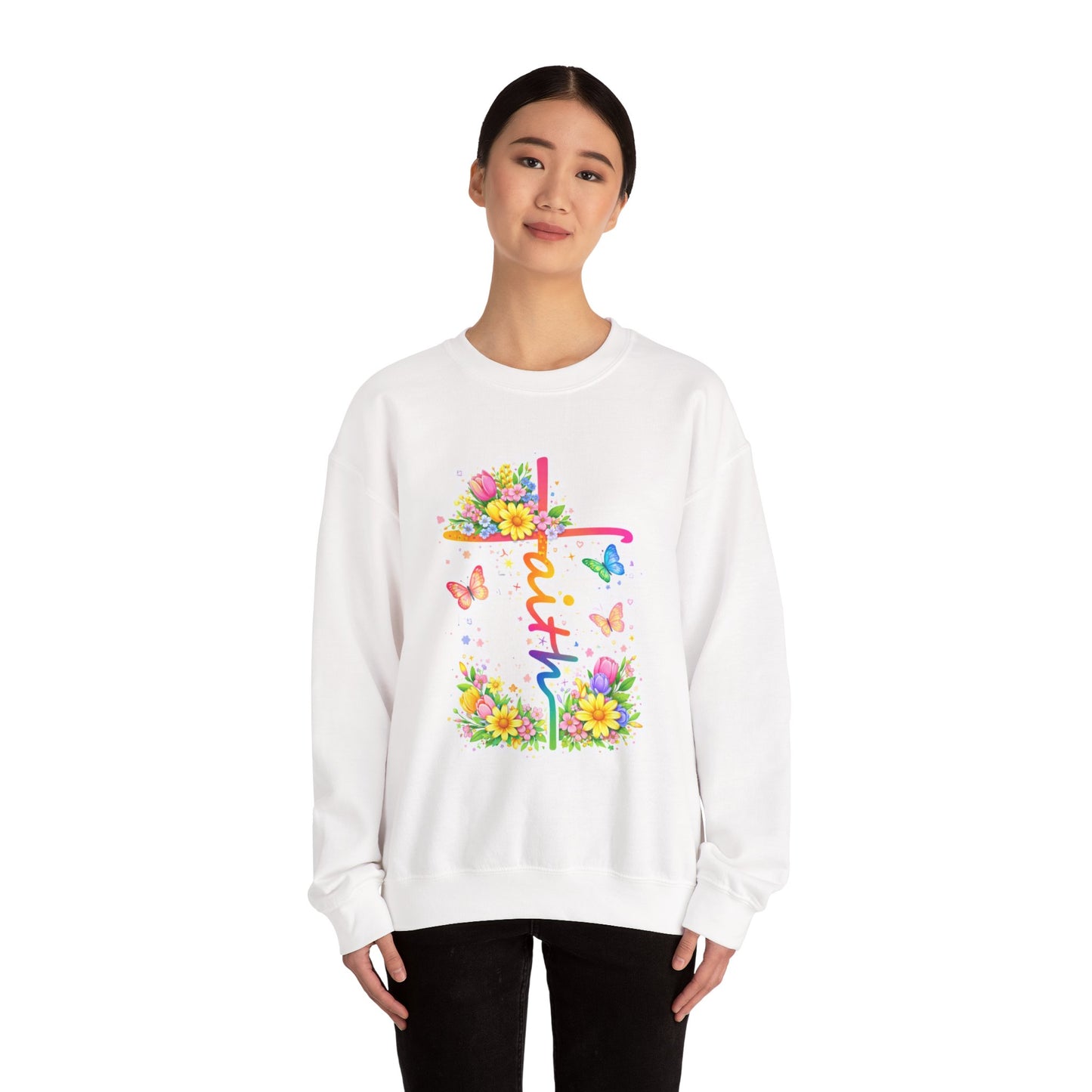 Faith Floral Crewneck Sweatshirt — Pastel Cross, Butterflies & Spring Flowers