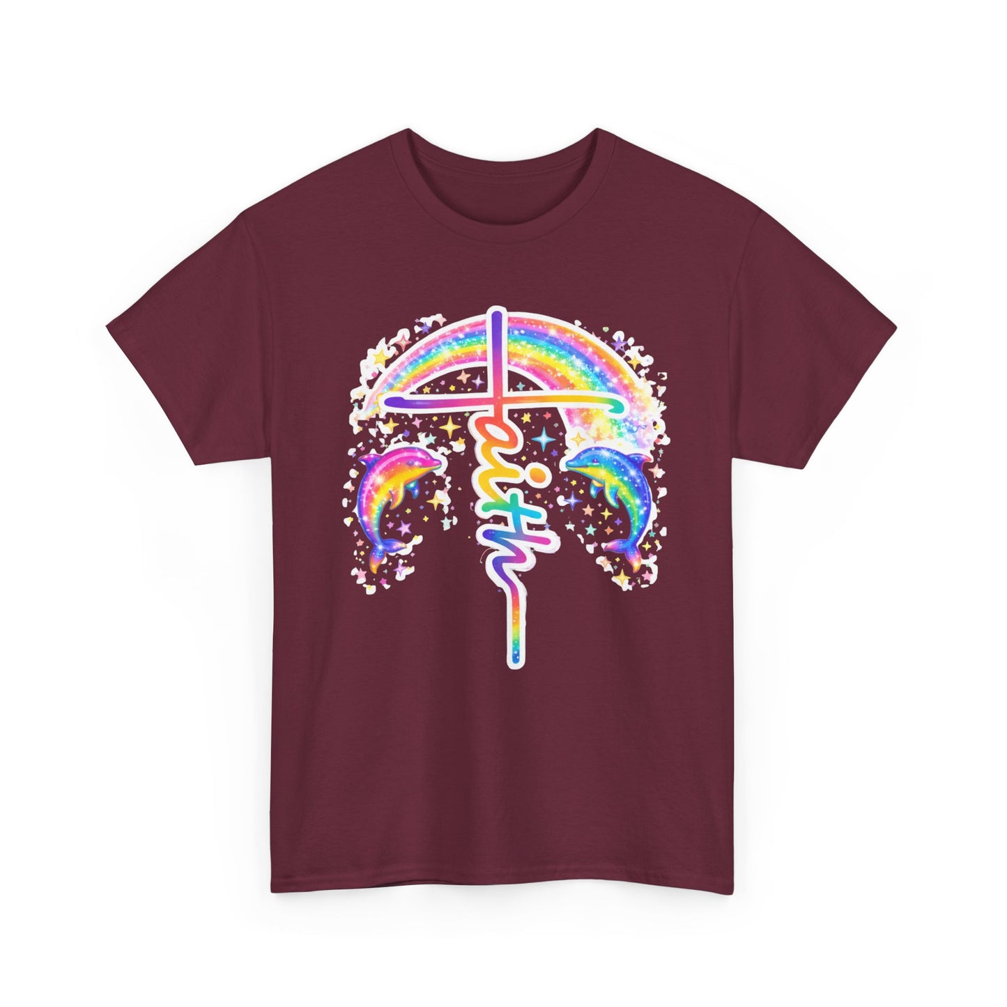 Faith Cross T-Shirt — Rainbow Cross & Dolphins Christian Tee