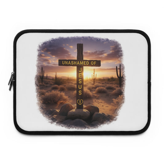 Christian Laptop Sleeve — "Unashamed of Jesus" Cross Desert Sunset