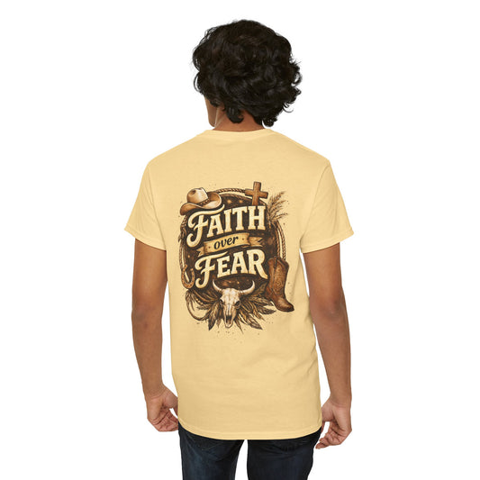 Faith Over Fear Tee — Western Cowboy Christian Shirt with Cross & Skull Design