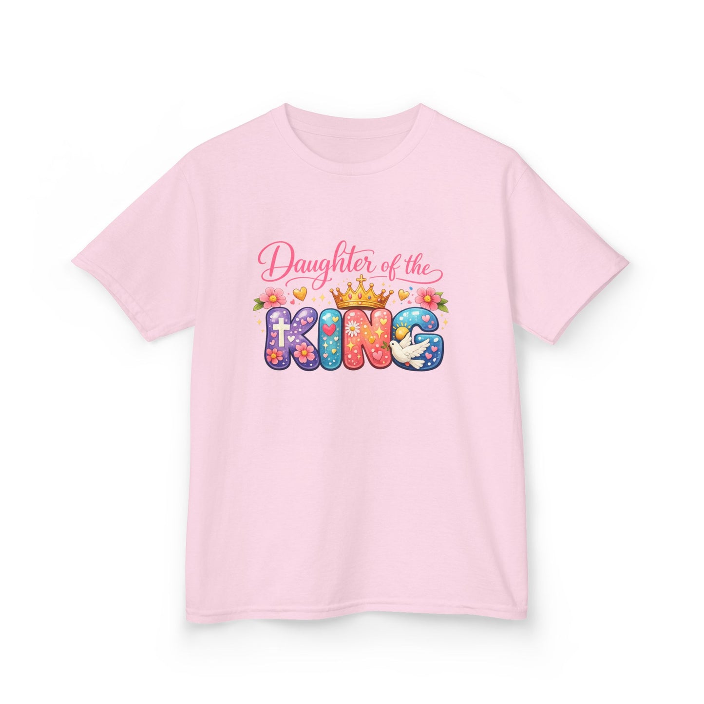 Daughter of the King Kids Tee — Colorful Crowned Faith Shirt for Girls