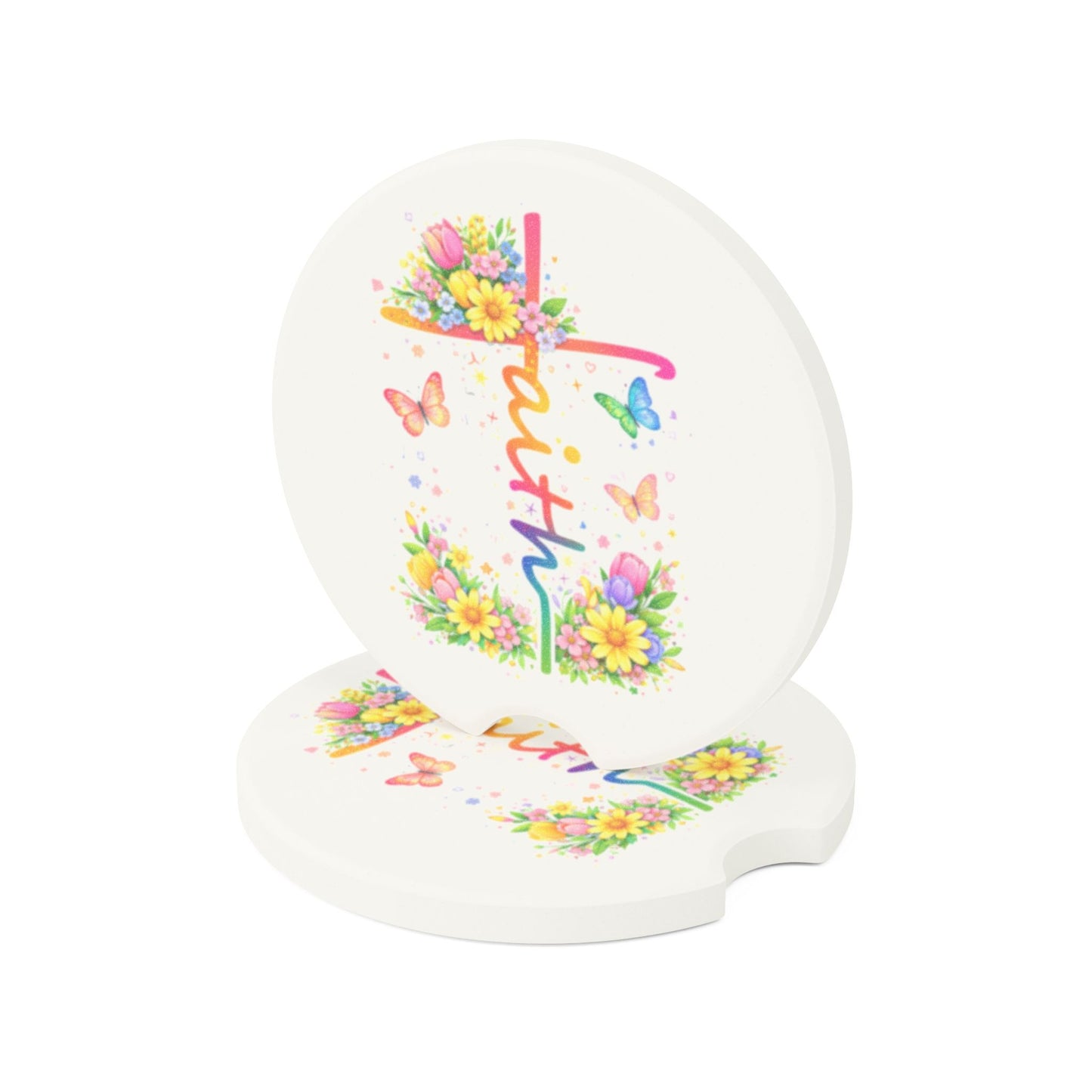 Faith Floral Car Coaster — Colorful Cross & Butterflies Soapstone Car Coaster