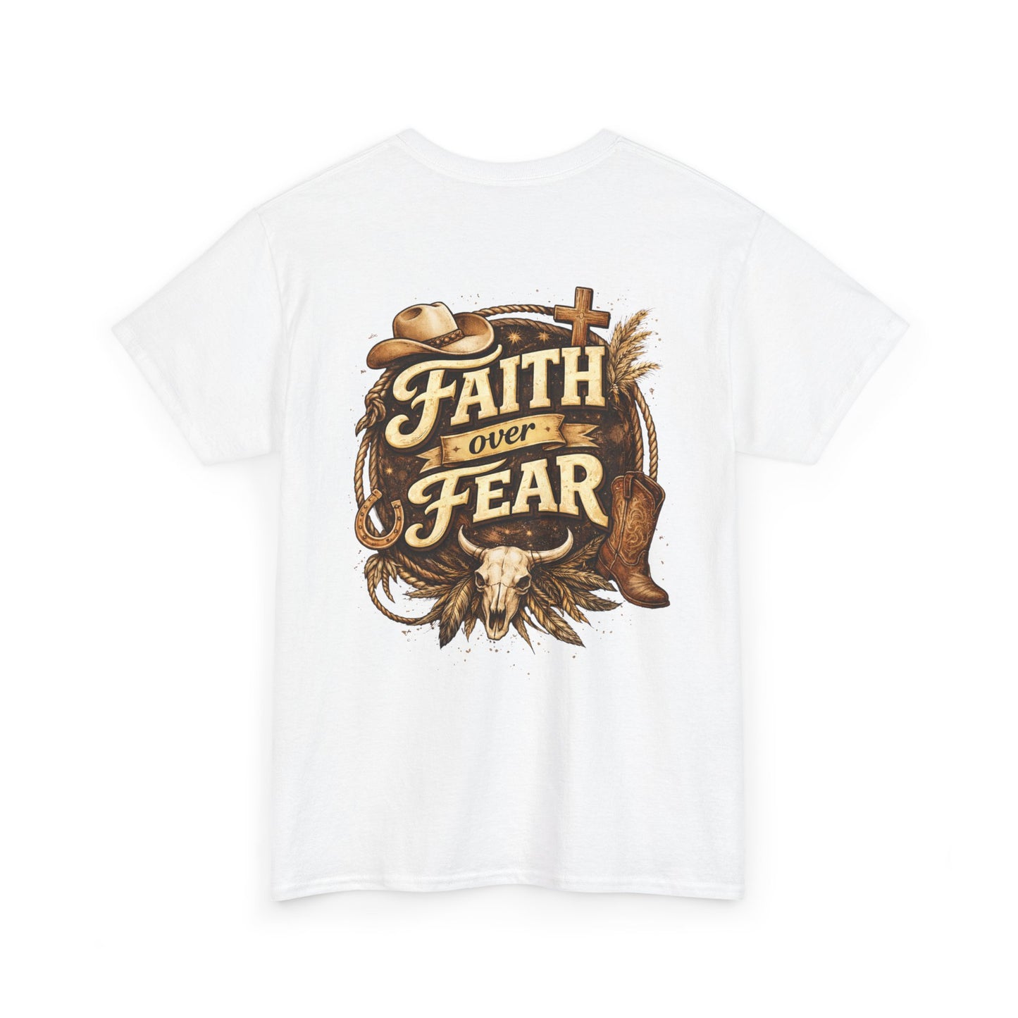 Faith Over Fear Tee — Western Cowboy Christian Shirt with Cross & Skull Design