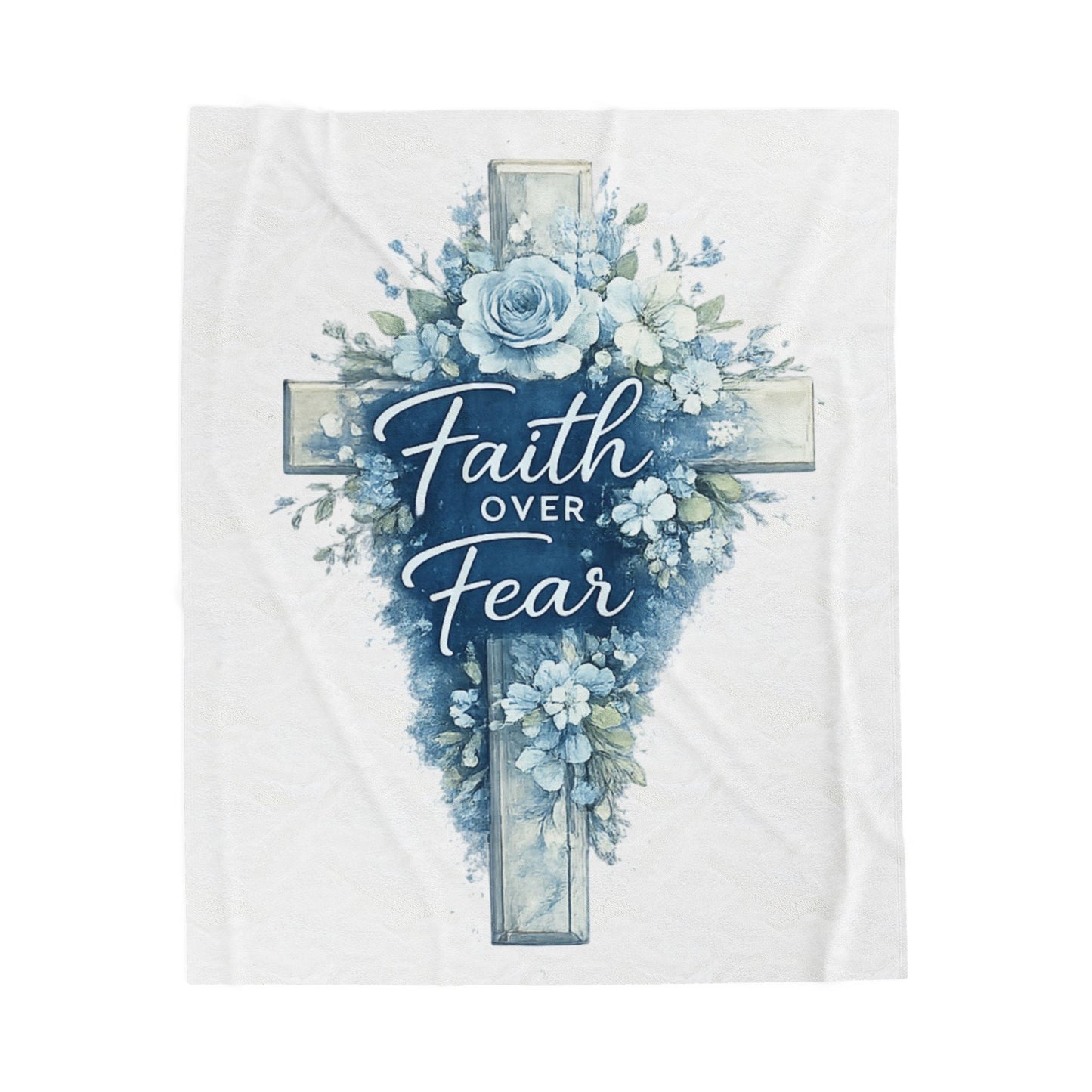 Faith Over Fear Velveteen Plush Blanket — Religious Cross Floral Throw
