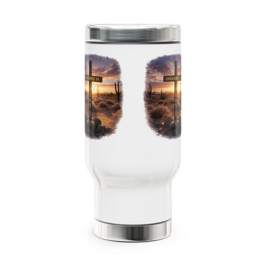 Christian Cross Travel Mug – 'Unashamed' Desert Sunrise 14oz Stainless Steel