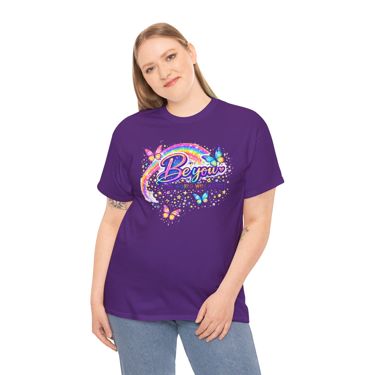 Be You Rainbow Butterfly Tee — "Be You, The World Will Adjust" Inspirational Graphic T‑Shirt