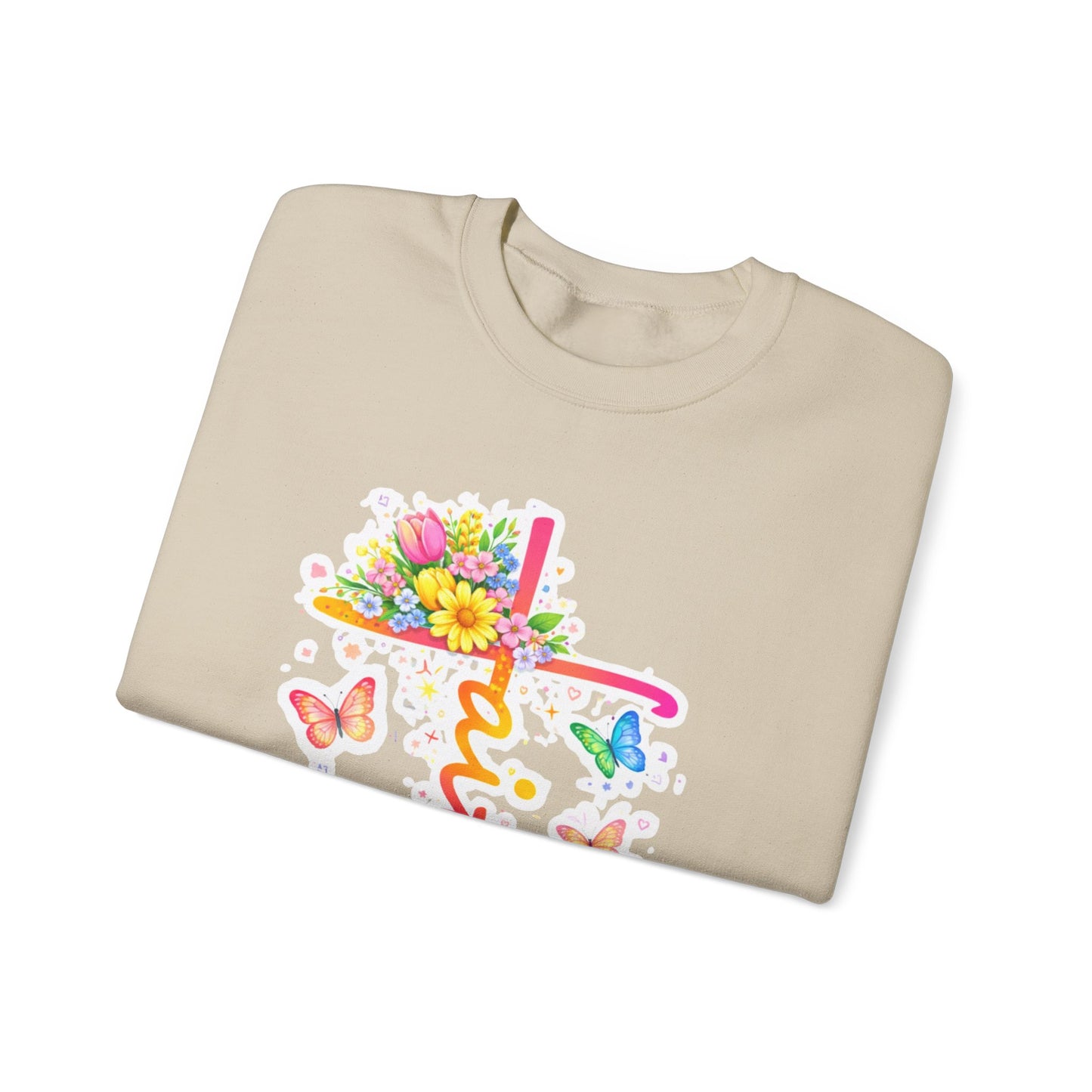 Faith Floral Crewneck Sweatshirt — Pastel Cross, Butterflies & Spring Flowers