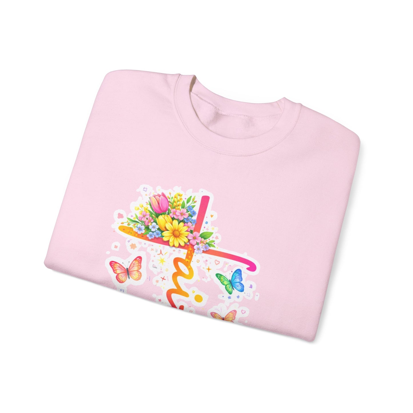 Faith Floral Crewneck Sweatshirt — Pastel Cross, Butterflies & Spring Flowers