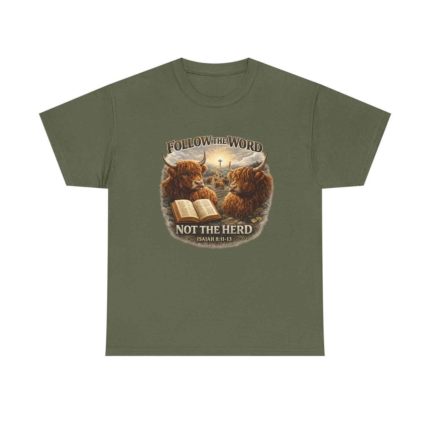 Christian Highland Cow T-Shirt — "Follow the Word Not the Herd" Bible Verse Tee