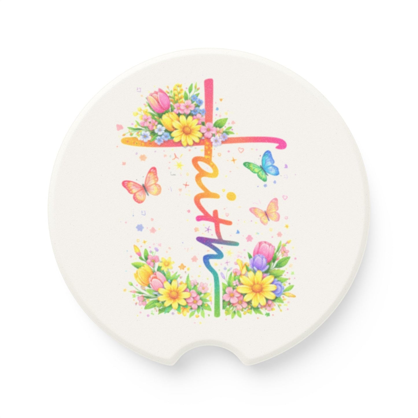 Faith Floral Car Coaster — Colorful Cross & Butterflies Soapstone Car Coaster