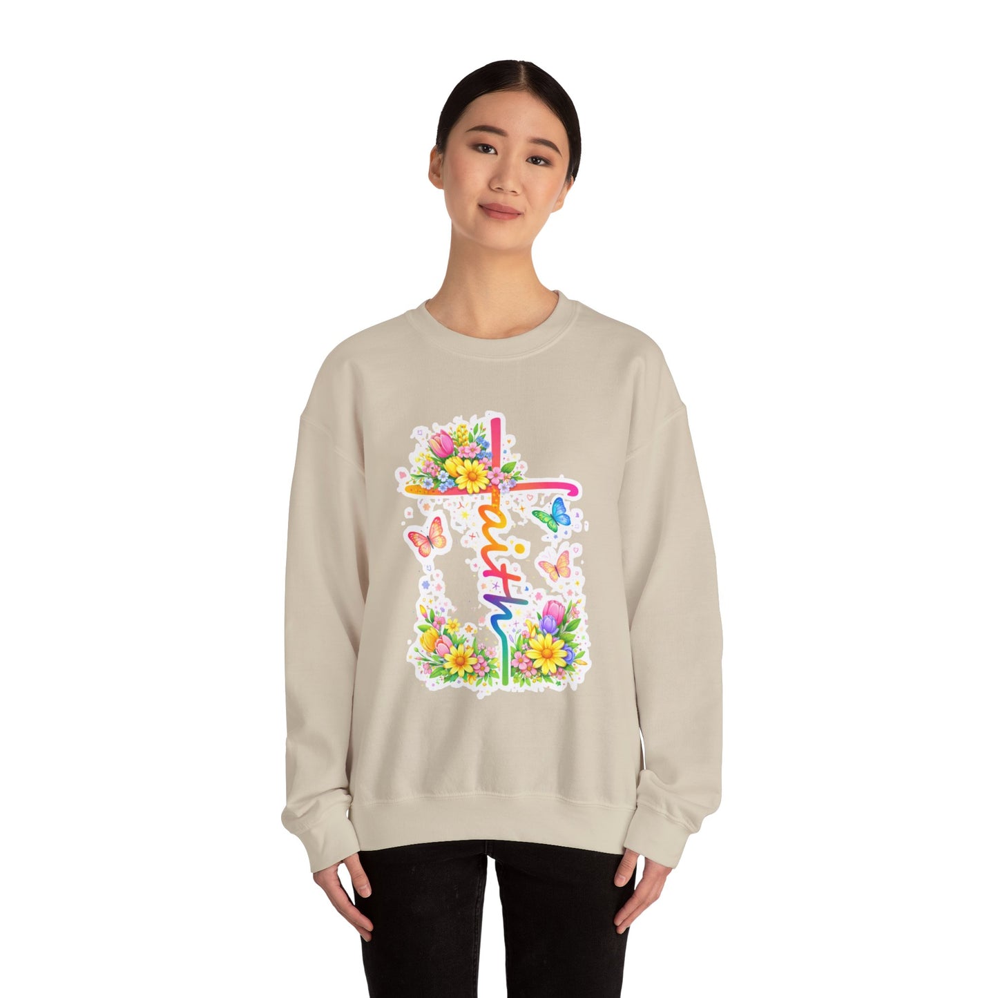 Faith Floral Crewneck Sweatshirt — Pastel Cross, Butterflies & Spring Flowers