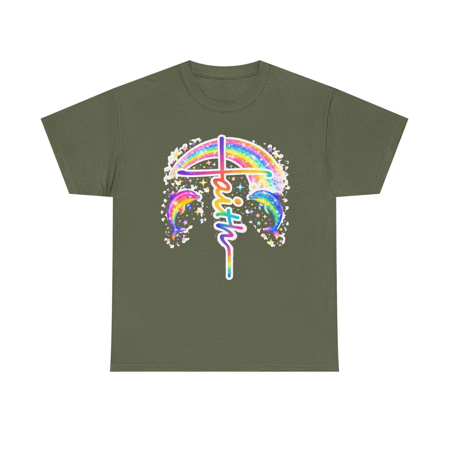 Faith Cross T-Shirt — Rainbow Cross & Dolphins Christian Tee