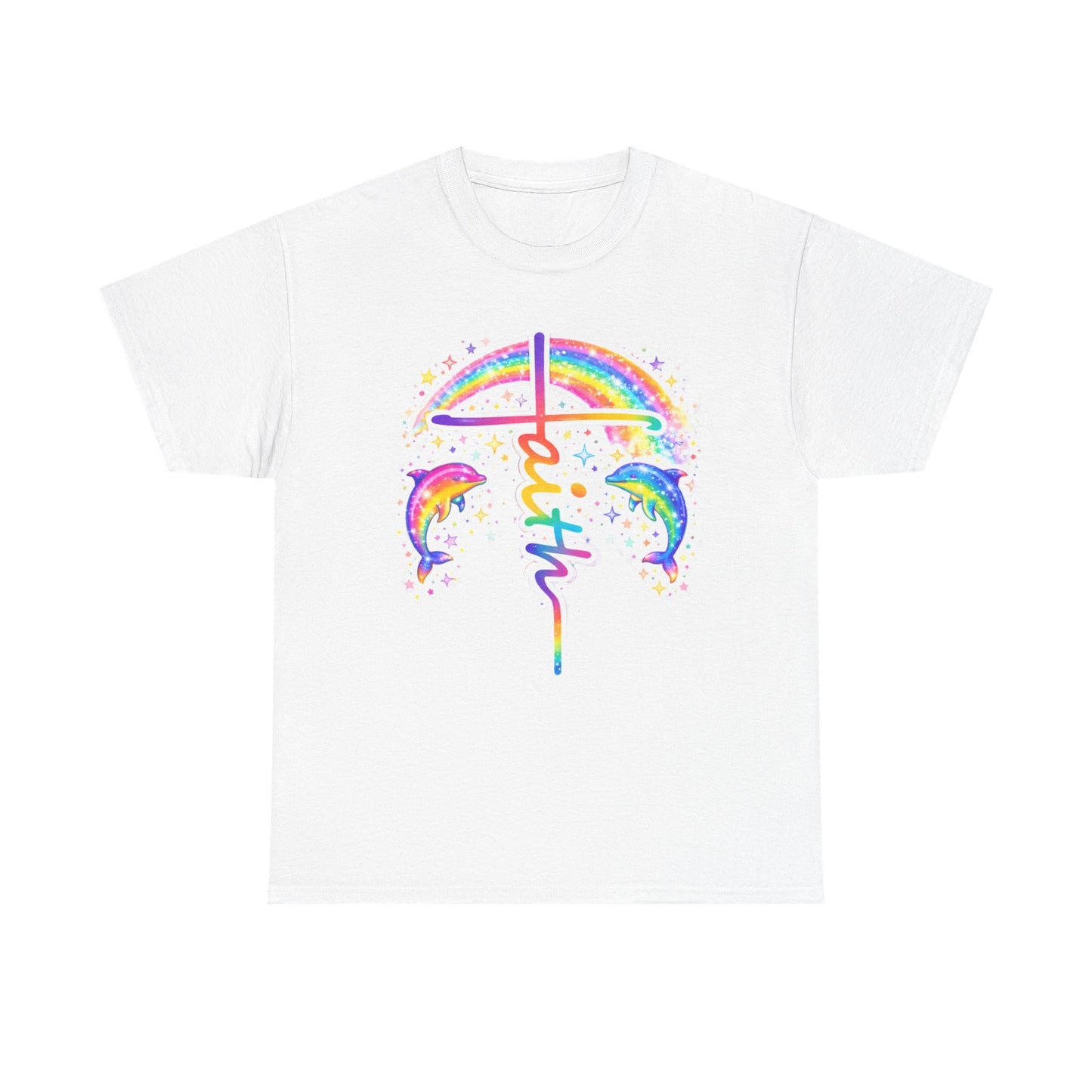 Faith Cross T-Shirt — Rainbow Cross & Dolphins Christian Tee