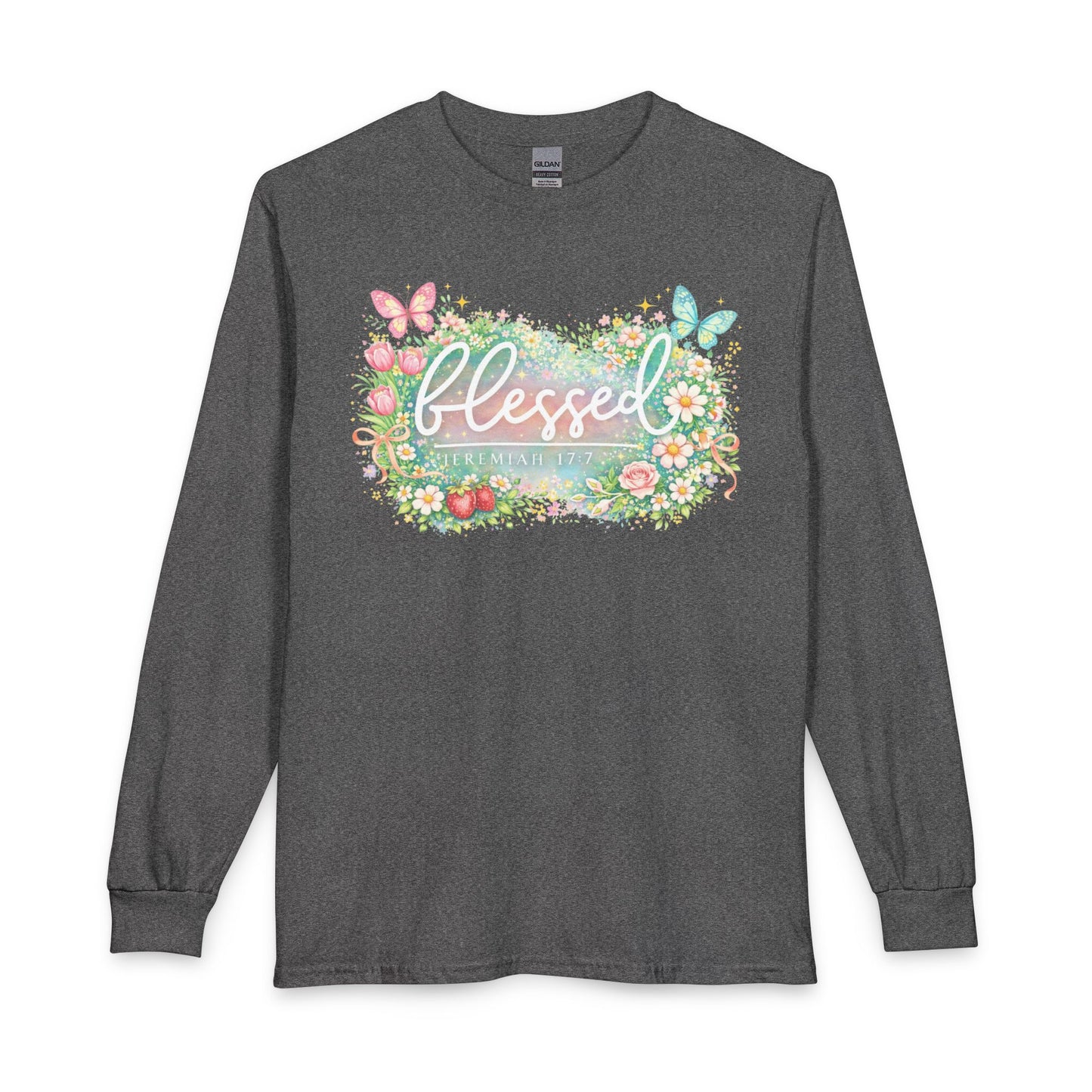 Blessed Floral Long Sleeve Tee — Spring Butterfly Garden Shirt