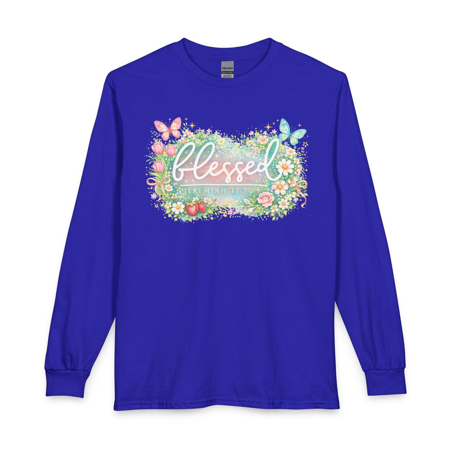 Blessed Floral Long Sleeve Tee — Spring Butterfly Garden Shirt
