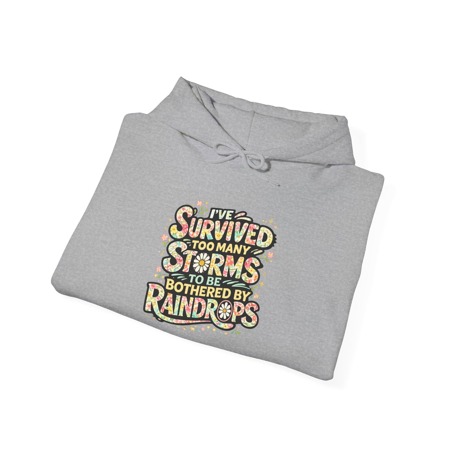 Hoodie — "I Survived Too Many Storms to Be Bothered by Raindrops" Retro Graphic