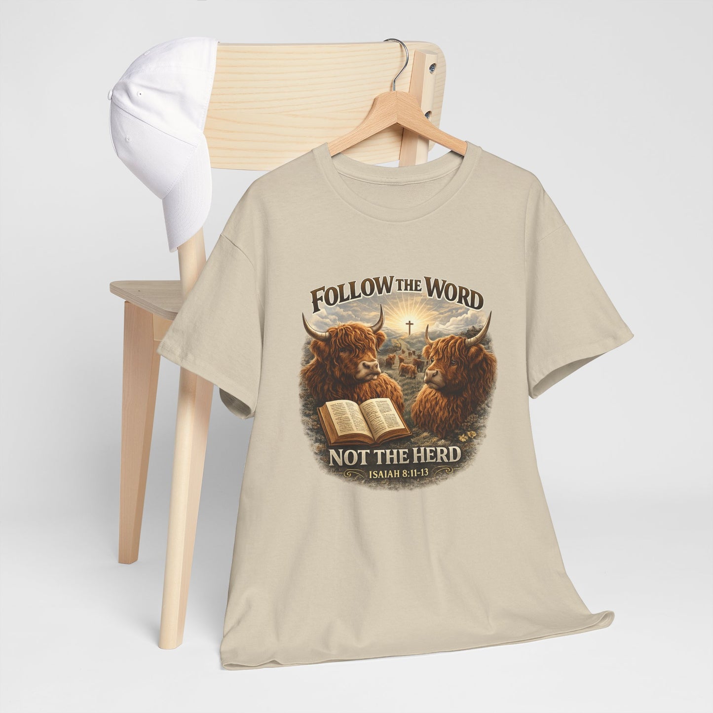 Christian Highland Cow T-Shirt — "Follow the Word Not the Herd" Bible Verse Tee