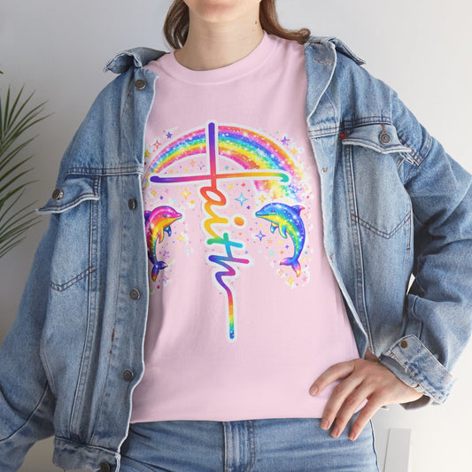 Faith Cross T-Shirt — Rainbow Cross & Dolphins Christian Tee