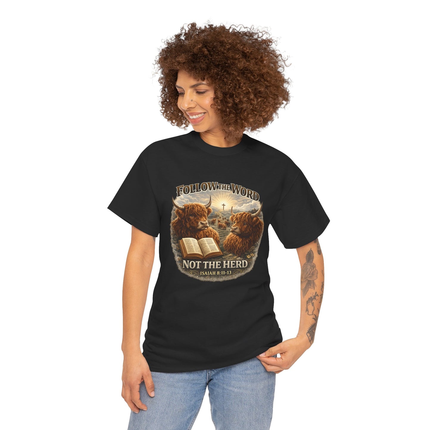 Christian Highland Cow T-Shirt — "Follow the Word Not the Herd" Bible Verse Tee