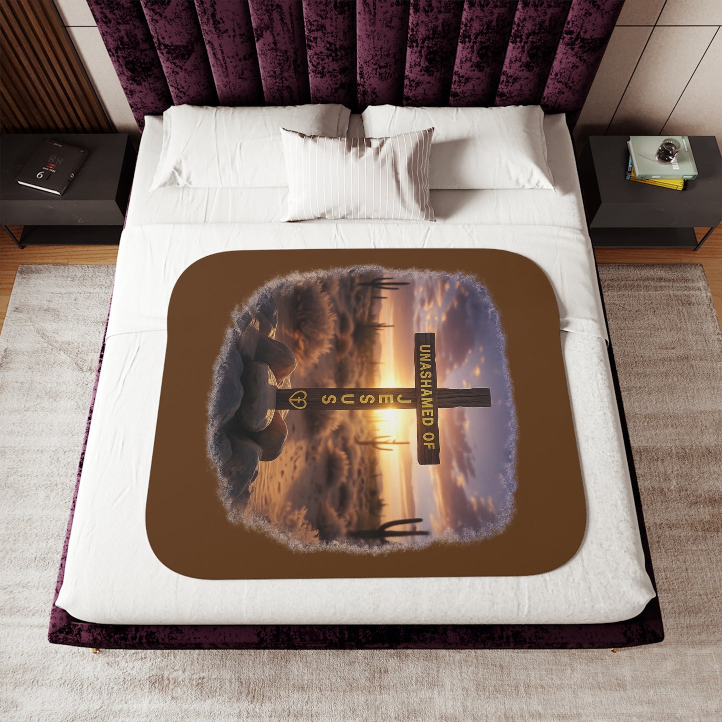 Christian Sherpa Blanket – 'Unashamed of Jesus' Cross Sunset Cozy Throw