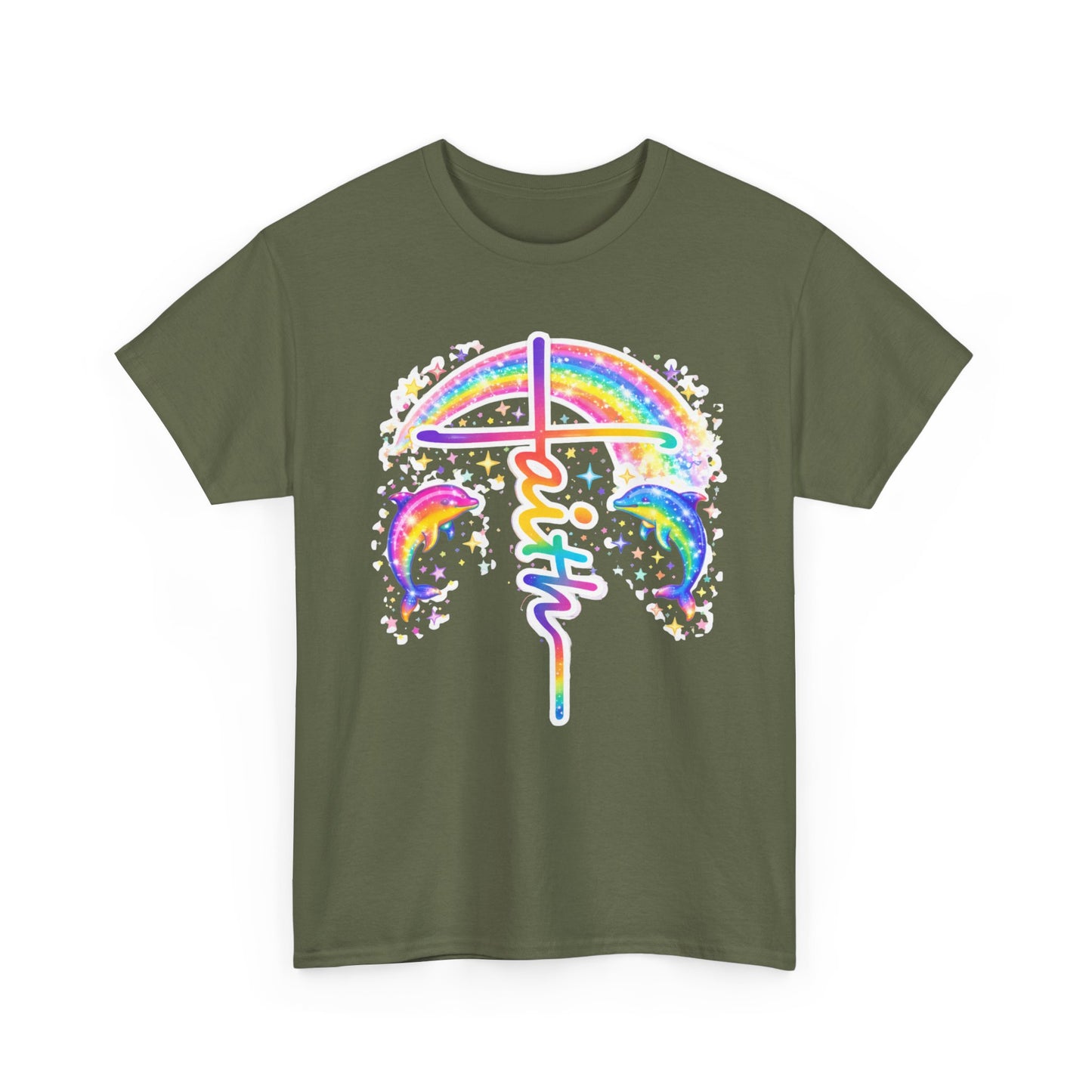 Faith Cross T-Shirt — Rainbow Cross & Dolphins Christian Tee